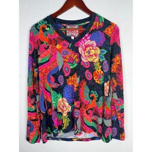 Johnny Was Janie Favorite Long Sleeve V-Neck Swing Tee Floral Peacock Rayon XS